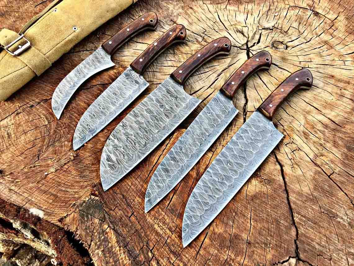 Best Damascus steel chef knife set, 5-piece, with leather roll bag.