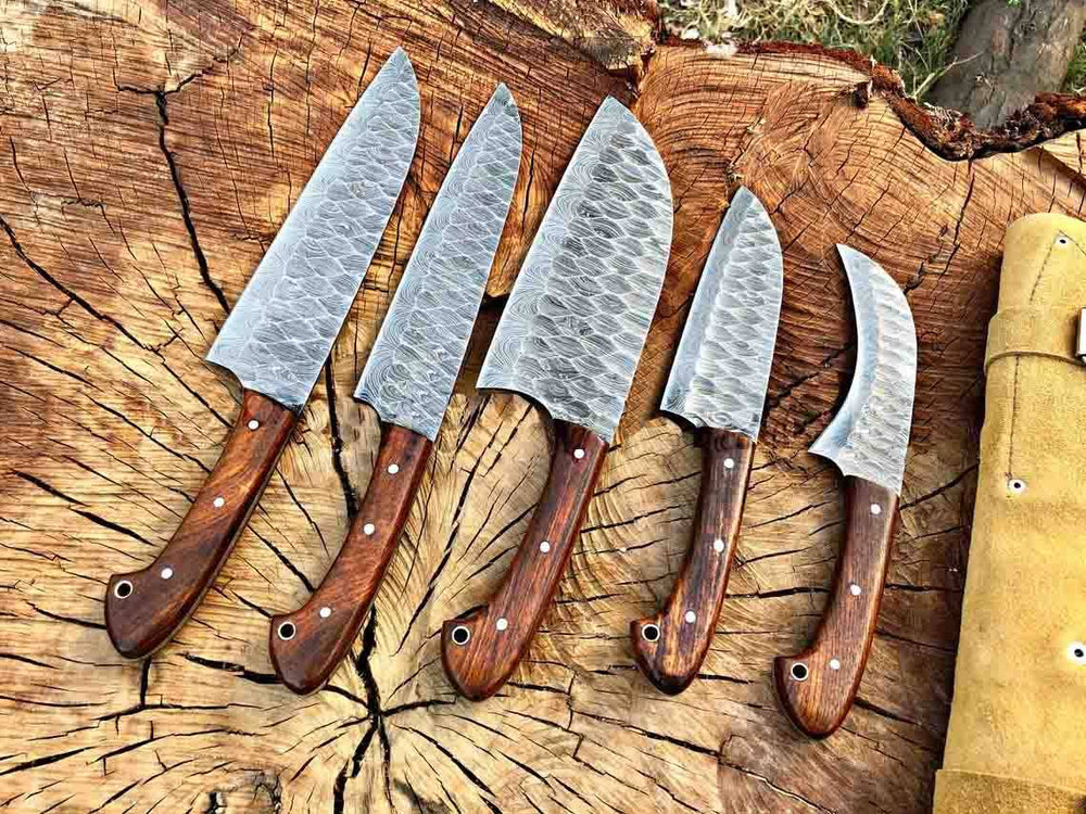 Premium kitchen knives, Damascus steel, 5-piece set, leather roll bag.