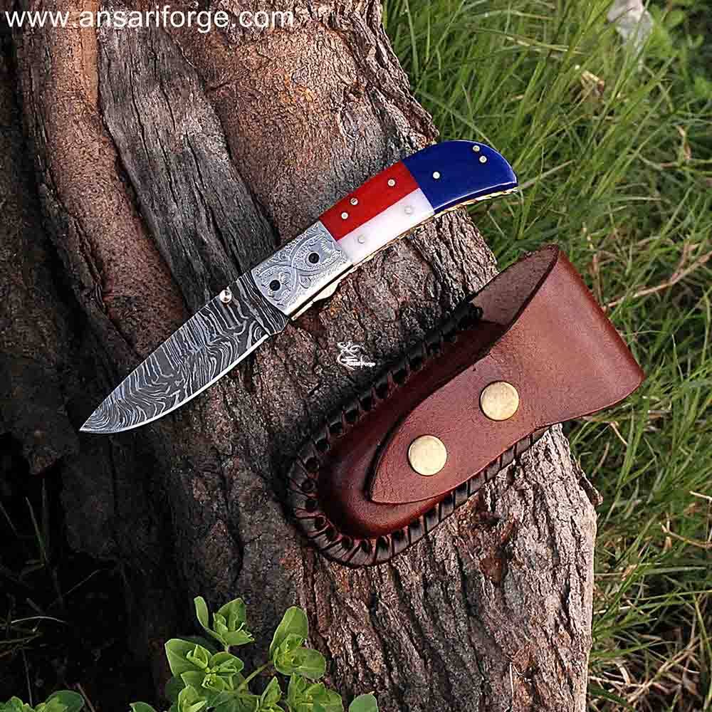 Real Damascus Pocket Knife With Texas Flag Handle , Liner Lock & Leather Pouch
