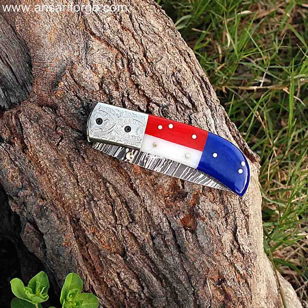 Real Damascus Pocket Knife With Texas Flag Handle , Liner Lock & Leather Pouch