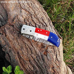 Real Damascus Pocket Knife With Texas Flag Handle , Liner Lock & Leather Pouch