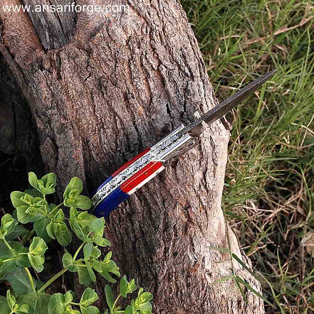 Hand Forged Real Damascus Pocket Knife With Texas Flag Handle , Liner Lock & Leather Pouch