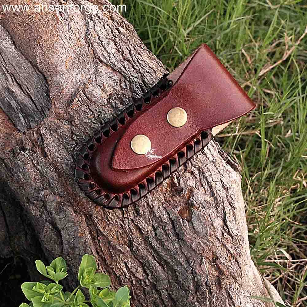Real Damascus Pocket Knife With Texas Flag Handle , Liner Lock & Leather Pouch