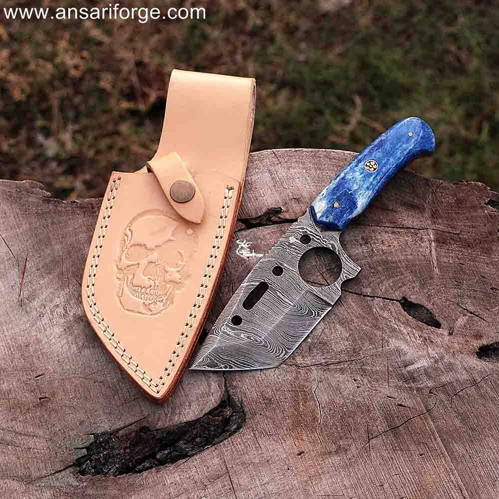 Honoo Handmade Damascus Steel Tanto Knife with blue bone handle and leather sheath.