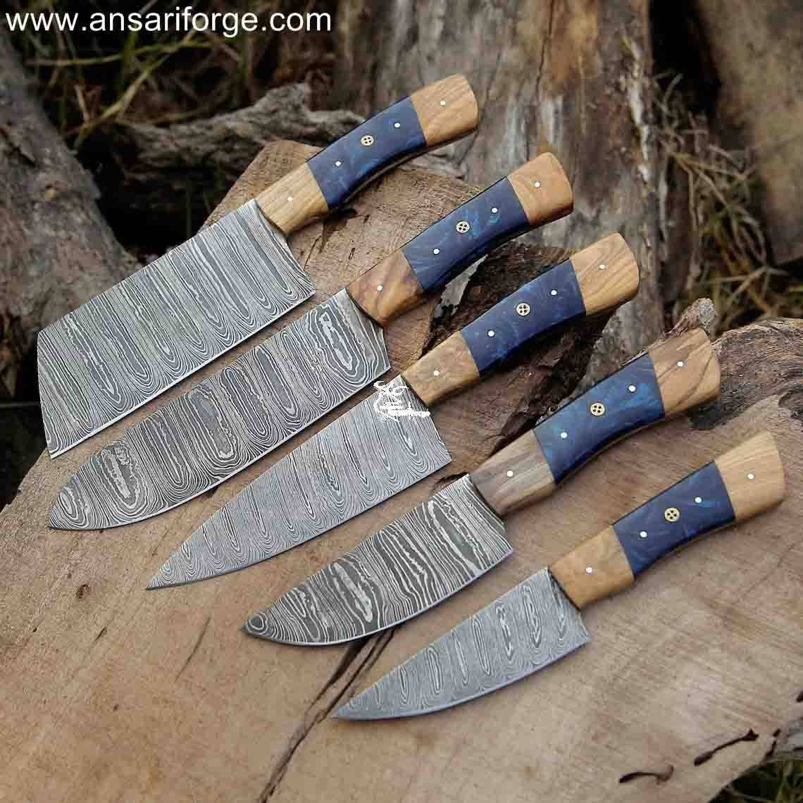 Hand-forged Damascus Chef Knife Set with 5 beautifully crafted knives in a protective roll bag.