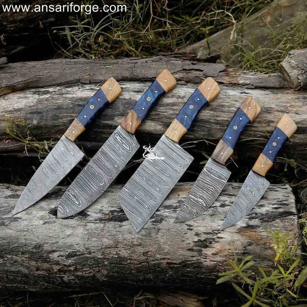Hand-forged Damascus Chef Knife Set with 5 beautifully crafted knives in a protective roll bag.