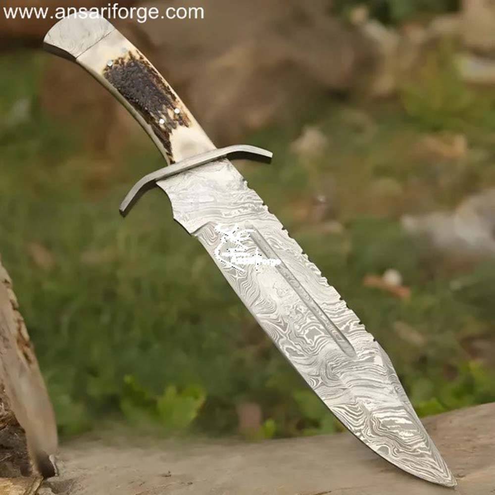 Hand-forged Damascus Bowie Knife with a beautiful stag antler handle and genuine leather sheath.