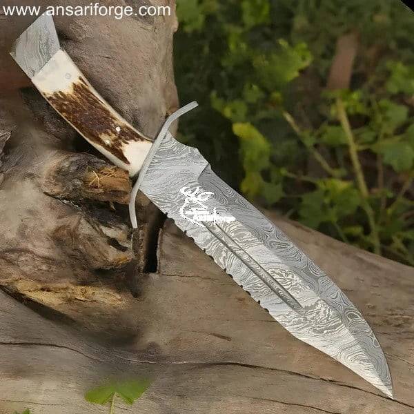 Hand-forged Damascus Bowie Knife with a beautiful stag antler handle and genuine leather sheath.