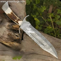 Hand-forged Damascus Bowie Knife with a beautiful stag antler handle and genuine leather sheath.