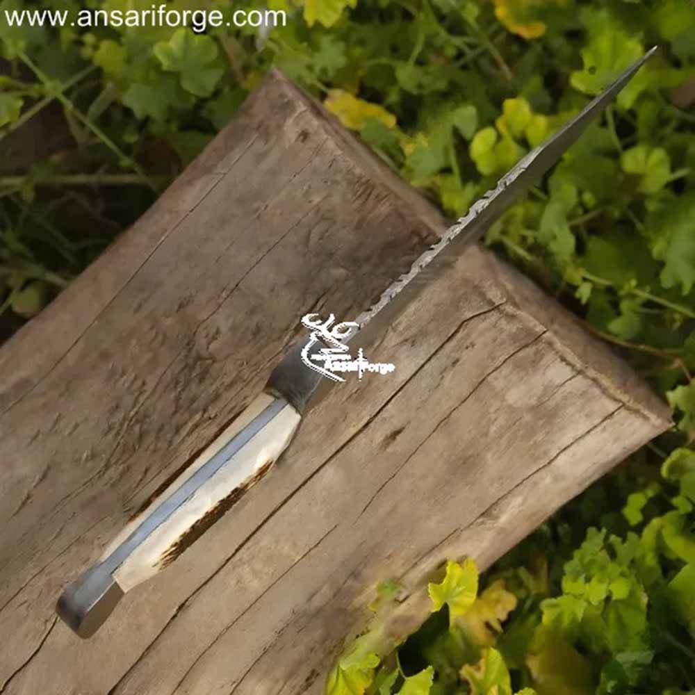 Hand-forged Damascus Bowie Knife with a beautiful stag antler handle and genuine leather sheath.