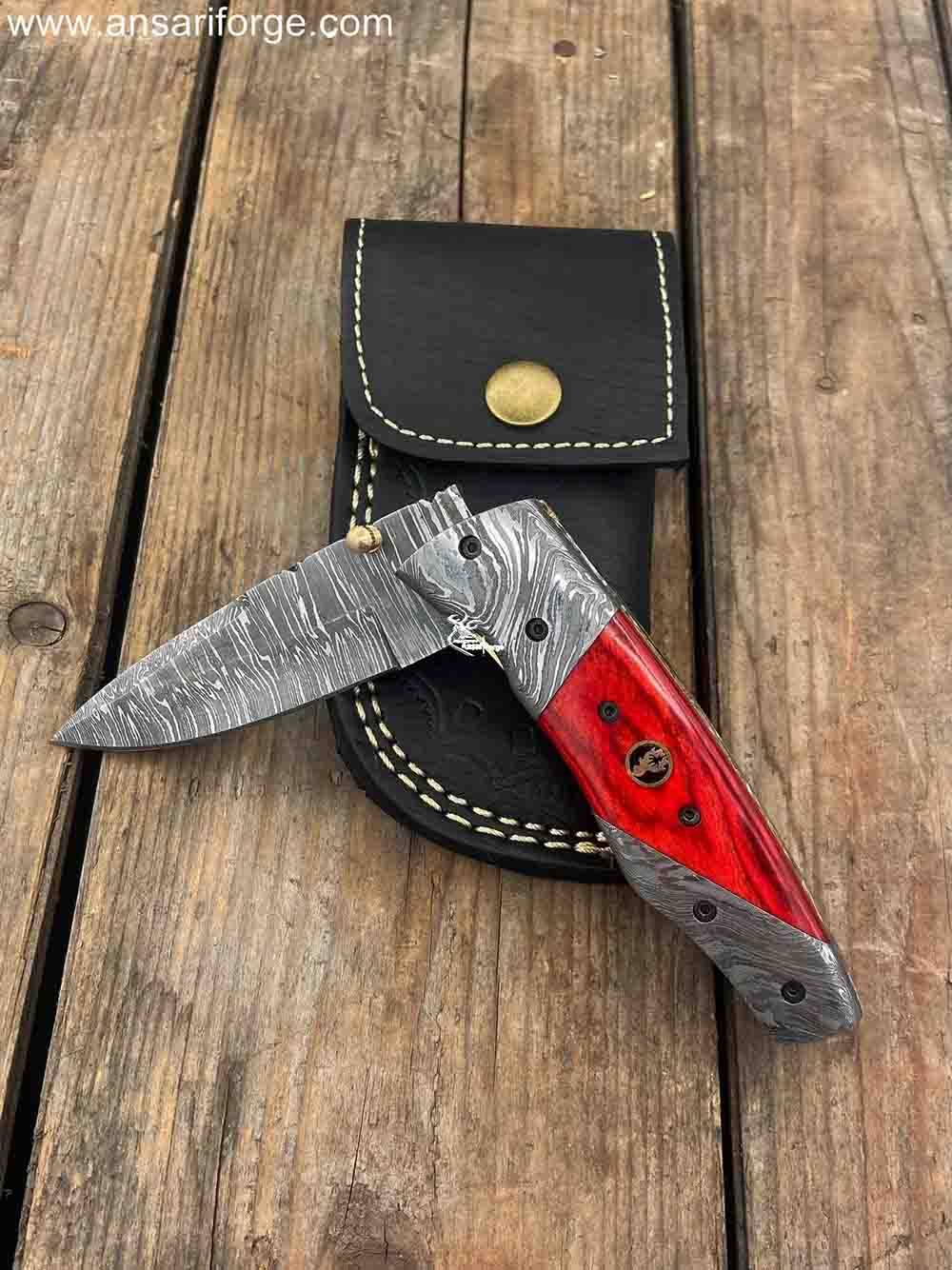 Damascus Steel Folding Knife with Mosaic Pin and Leather Sheath