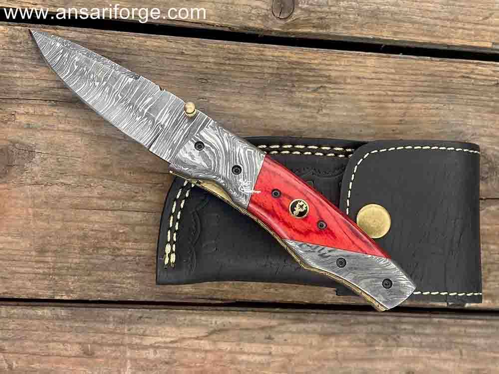 Handcrafted Damascus Steel Pocket Knife with Red Pakkawood Handle