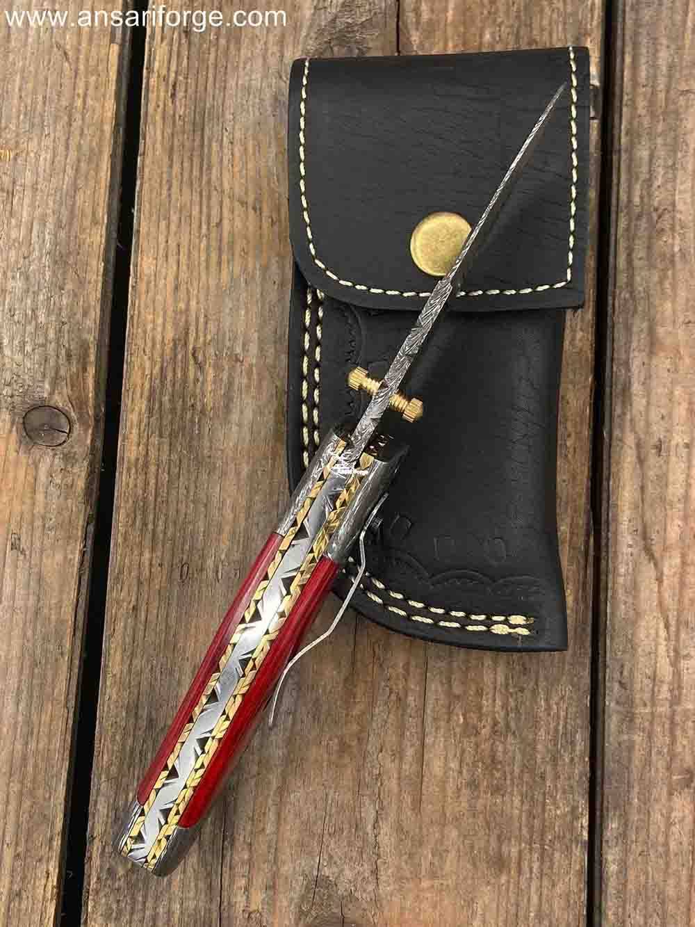 Handmade Damascus Steel Pocket Knife With Clip & Leather Case
