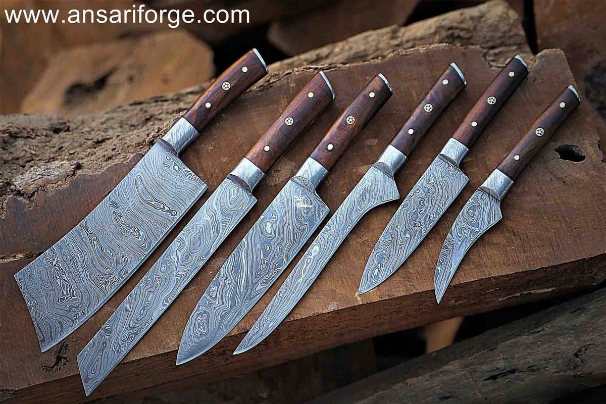 Ansari Forge Damascus Steel 6-Piece Chef Knife Set with Leather Roll Bag