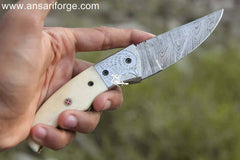 Sharp Eagle Damascus Pocket Knife: 1095 & 15N20 Damascus steel blade, camel bone handle, leather pouch.