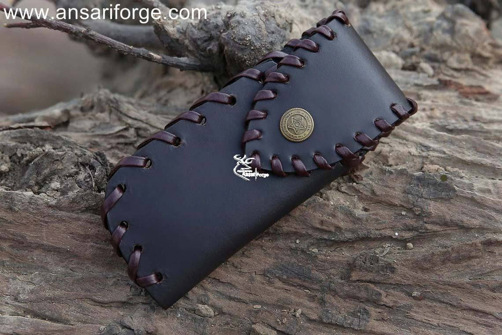 Sharp Eagle Damascus Pocket Knife with Leather Sheath: Secure and stylish on-the-go storage.