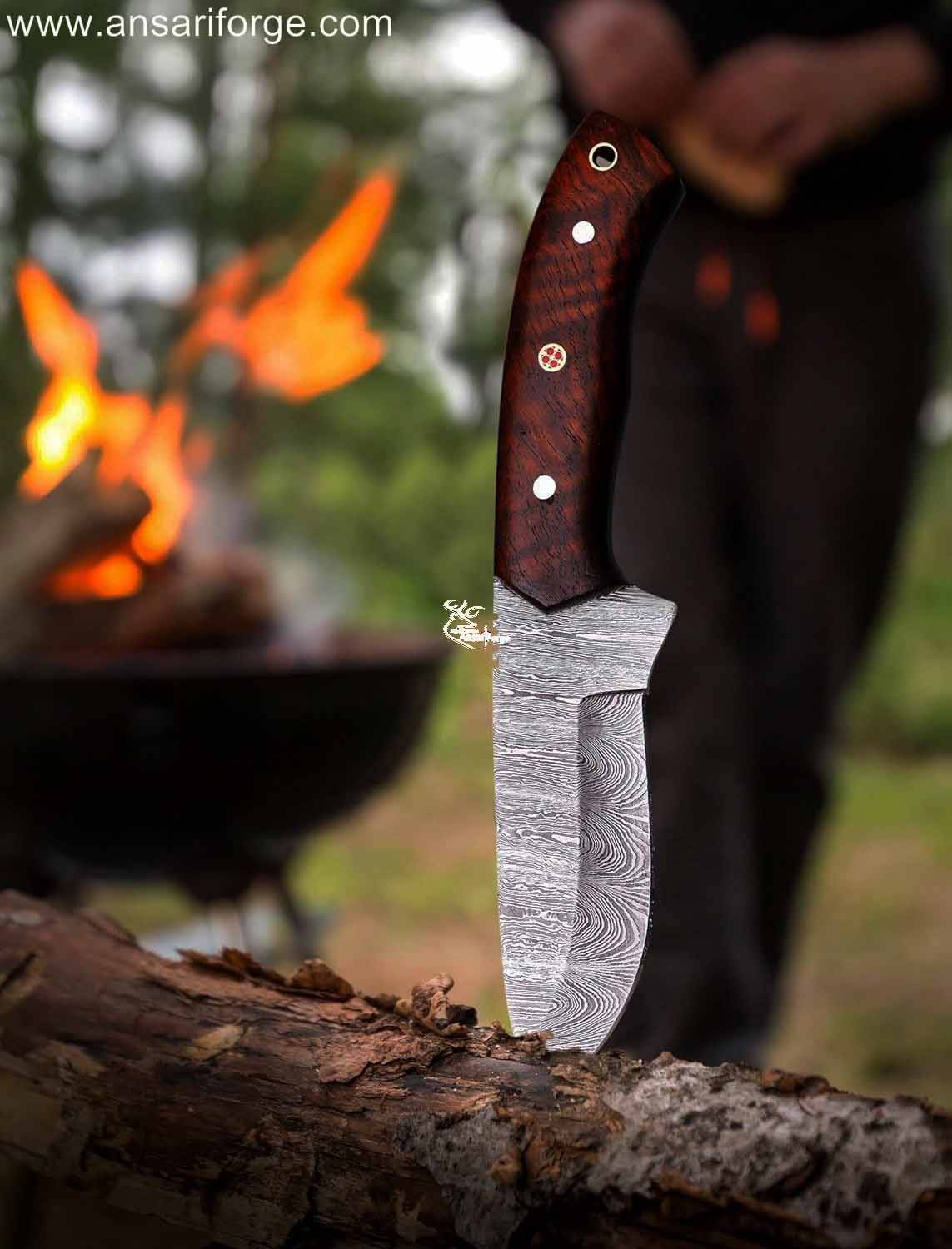 Bushcraft Knife: Full Tang Damascus Steel Blade, Rosewood Handle