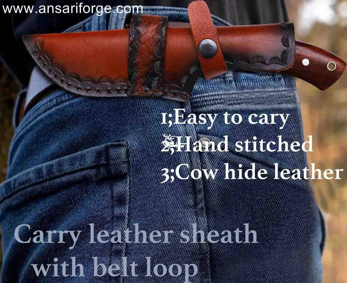 Bushcraft Knife: Full Tang Damascus Steel Blade, Rosewood Handle