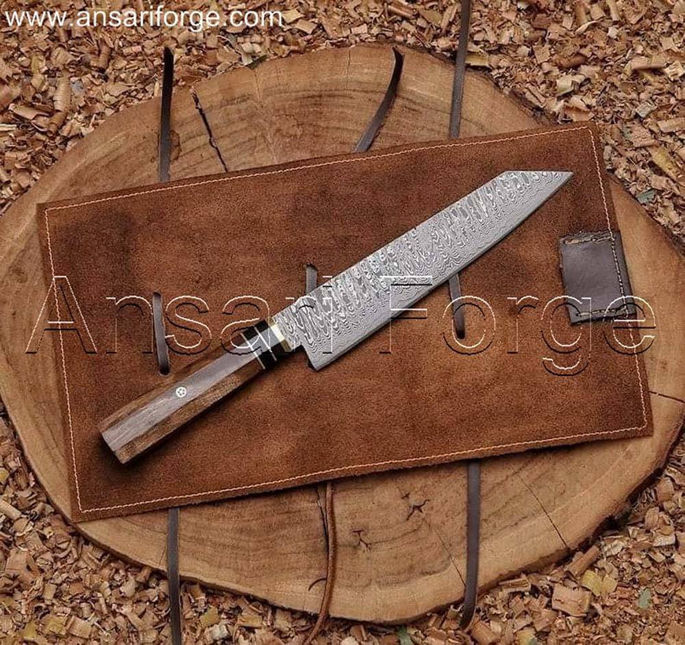 Hand-forged Best Kiritsuke Knife with 8-inch Damascus steel blade, rosewood handle, and leather roll bag.