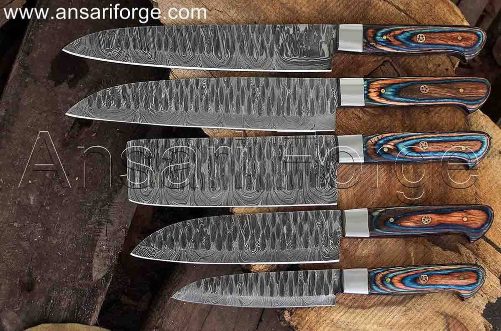 Damascus Steel Kitchen Knife Set with all knives stored safely in the luxurious leather roll bag.