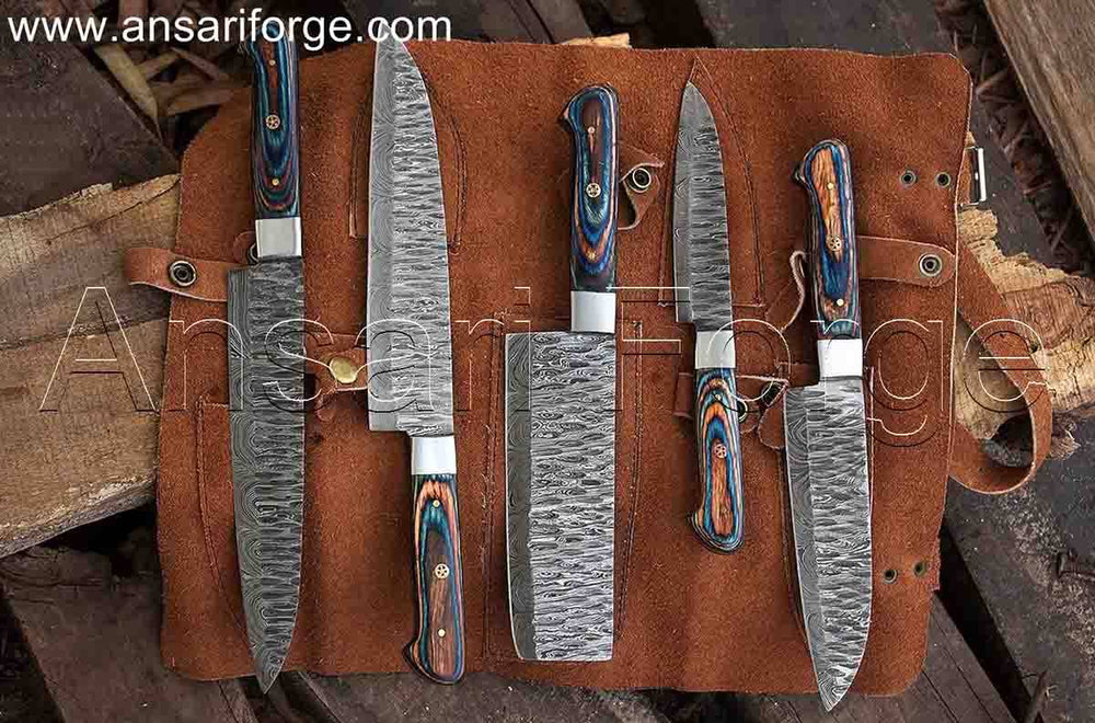 Damascus Steel Kitchen Knife Set with 5 hand-forged knives, Pakka wood handles, and stainless steel bolsters.