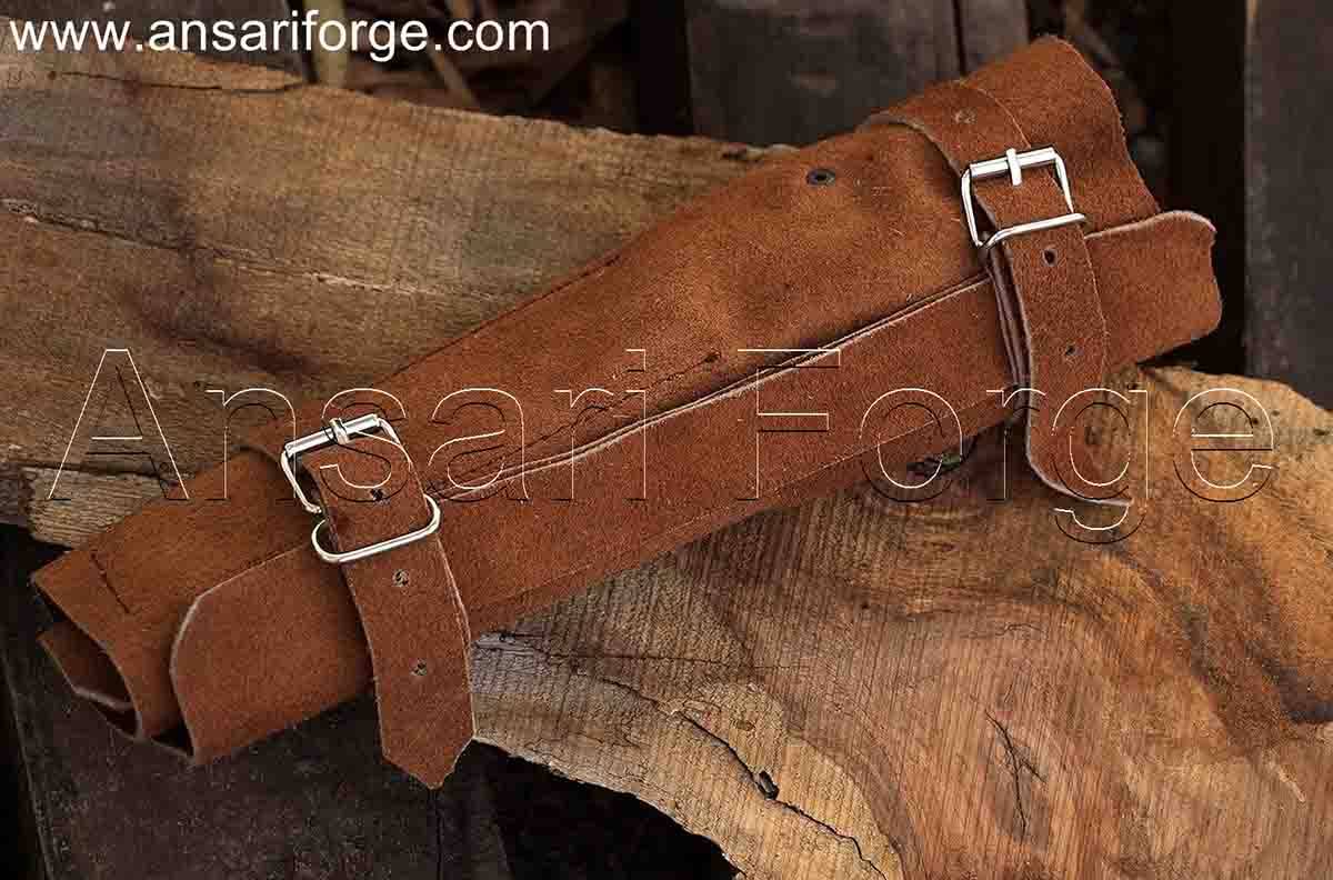 Damascus Steel Kitchen Knife Set with all knives stored safely in the luxurious leather roll bag.