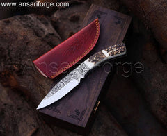Handmade D2 Steel Engraved Knife With Stag Antler Handle & Wooden Gift Box