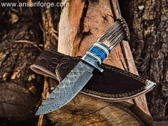Rime Custom Made Damascus Steel Knife with Deer Antler Handle and Leather Sheath