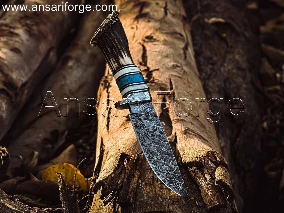 Rime Custom Made Damascus Steel Knife with Deer Antler Handle and Leather Sheath