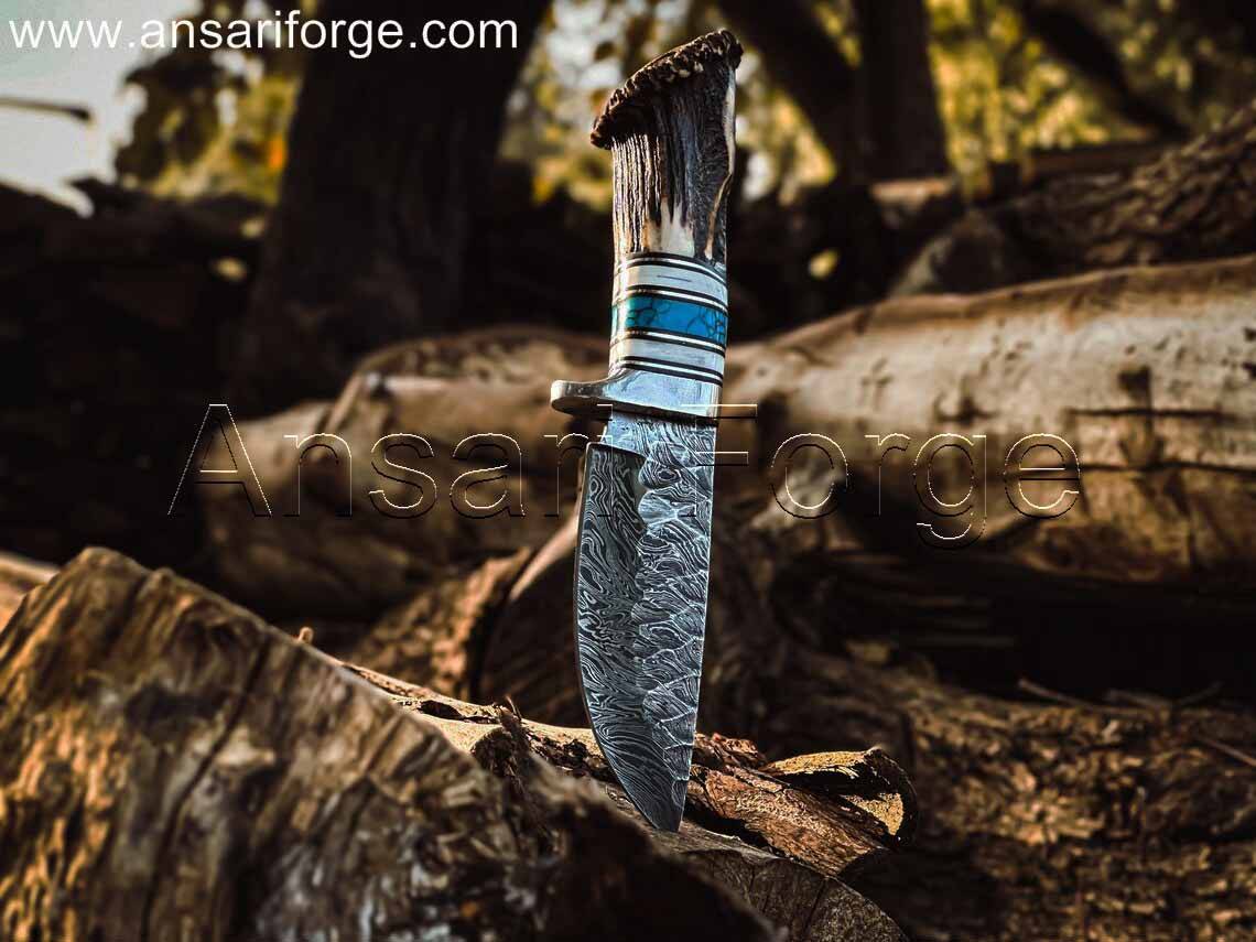 Rime Custom Made Damascus Steel Knife with Deer Antler Handle and Leather Sheath