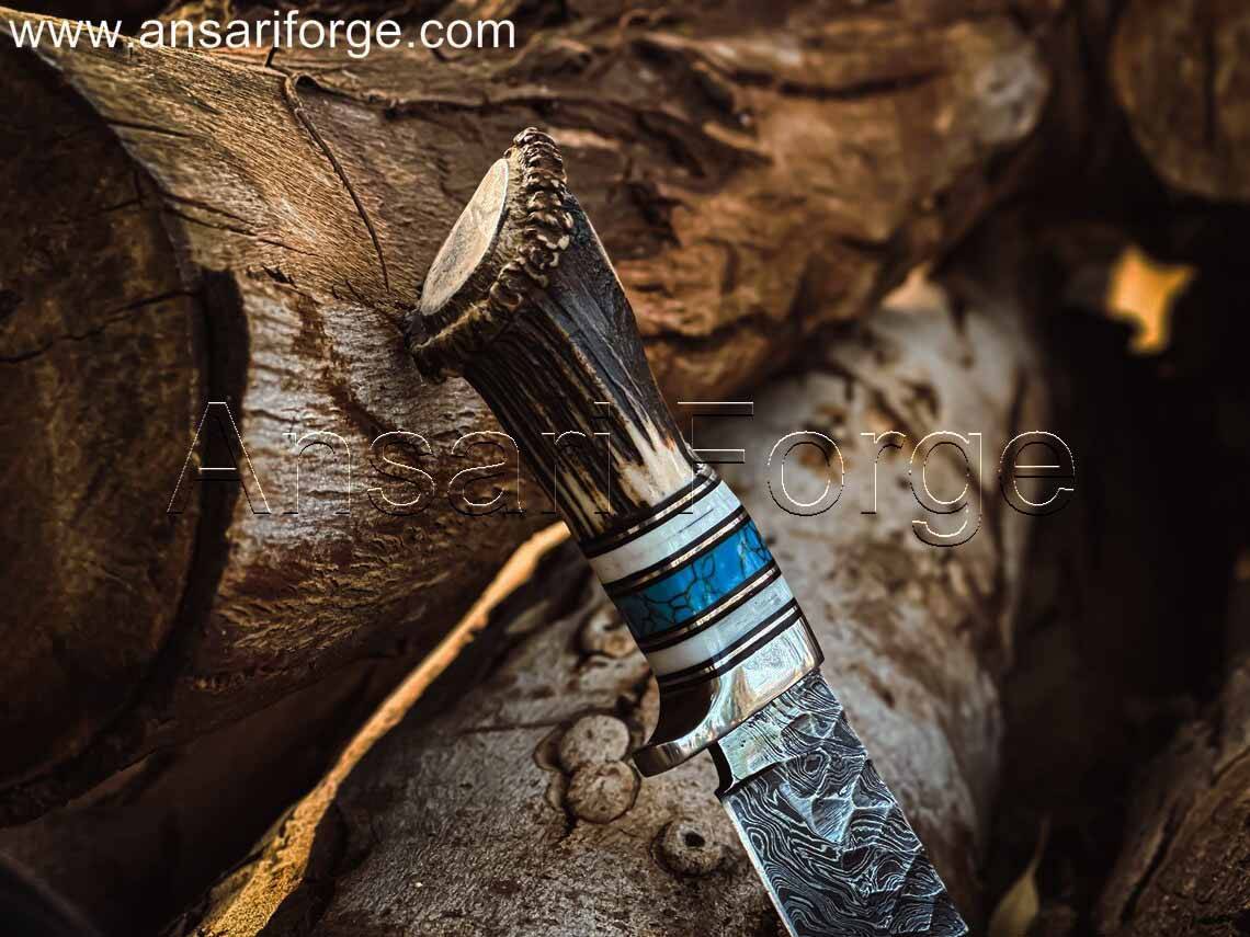 Rime Custom Made Damascus Steel Knife with Deer Antler Handle and Leather Sheath