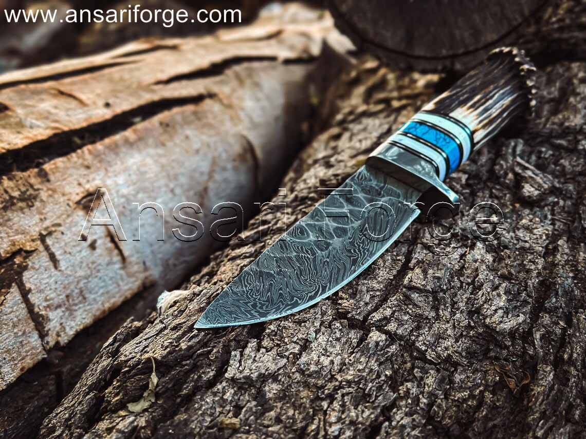 Rime Custom Made Damascus Steel Knife with Deer Antler Handle and Leather Sheath