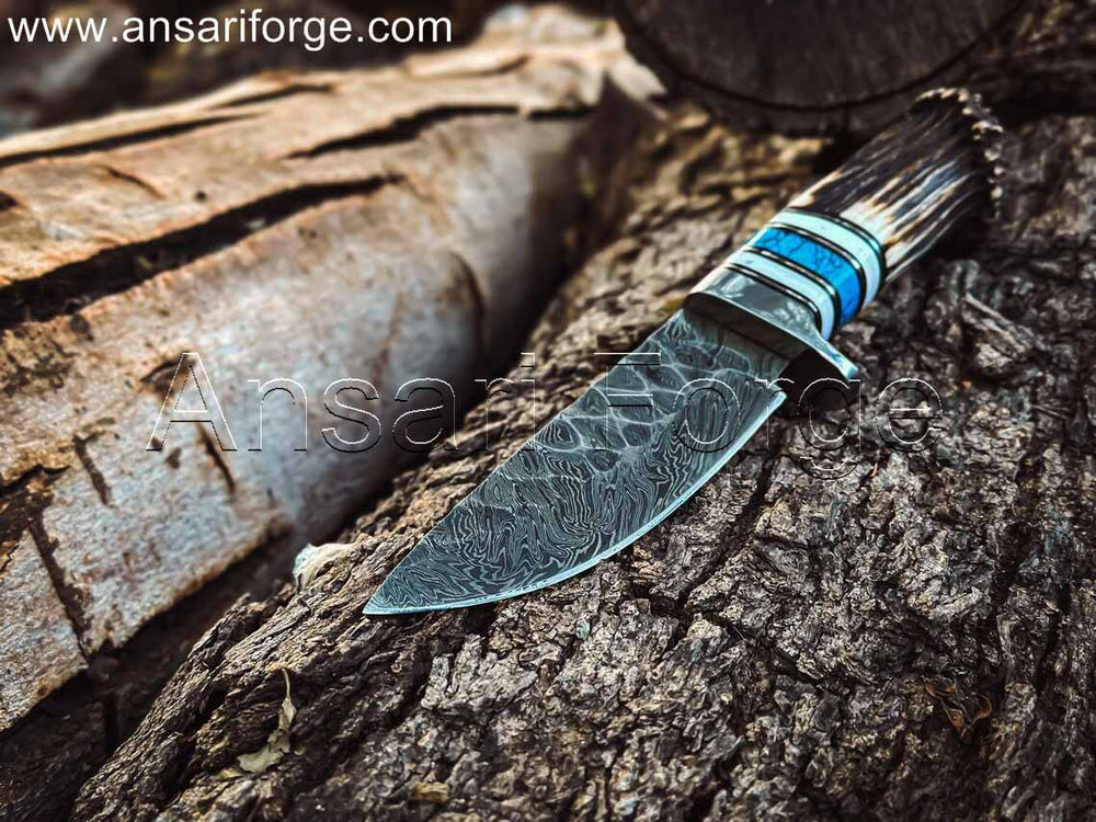 Rime Custom Made Damascus Steel Knife with Deer Antler Handle and Leather Sheath