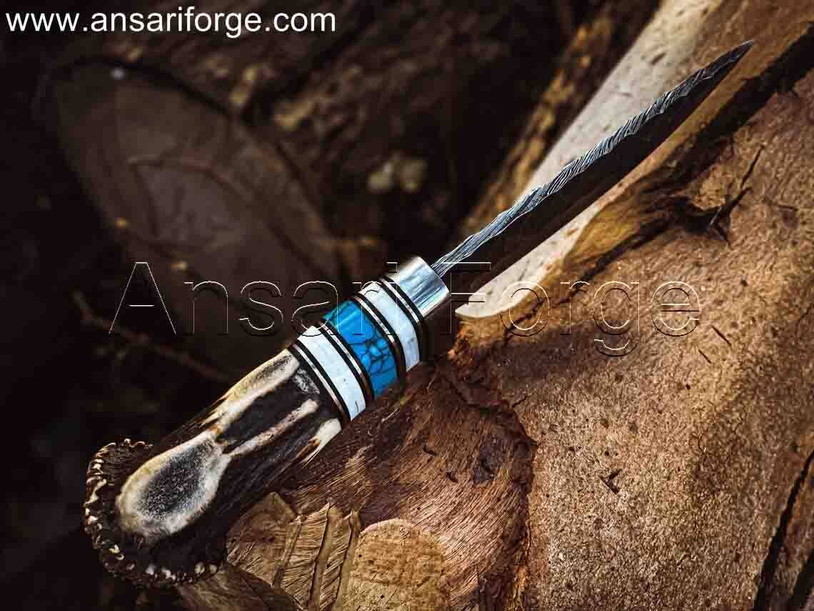 Rime Custom Made Damascus Steel Knife with Deer Antler Handle and Leather Sheath