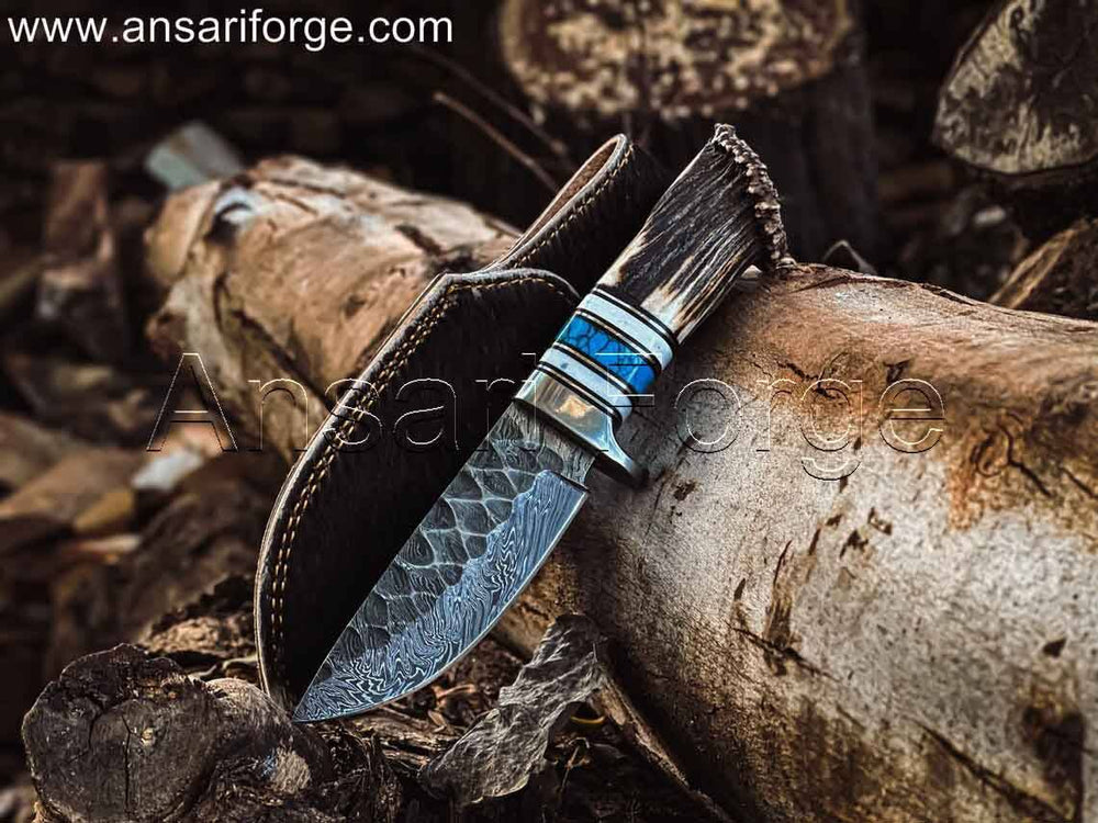 Rime Custom Made Damascus Steel Knife with Deer Antler Handle and Leather Sheath