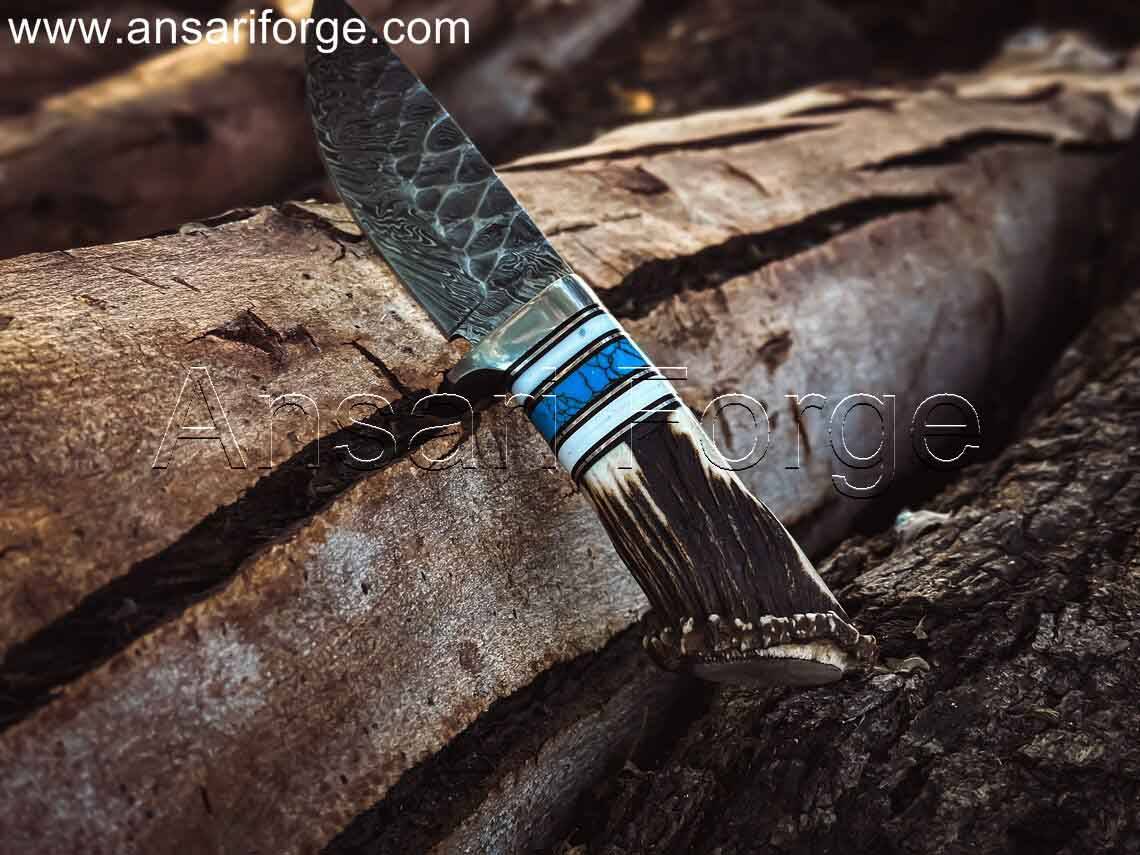 Rime Custom Made Damascus Steel Knife with Deer Antler Handle and Leather Sheath
