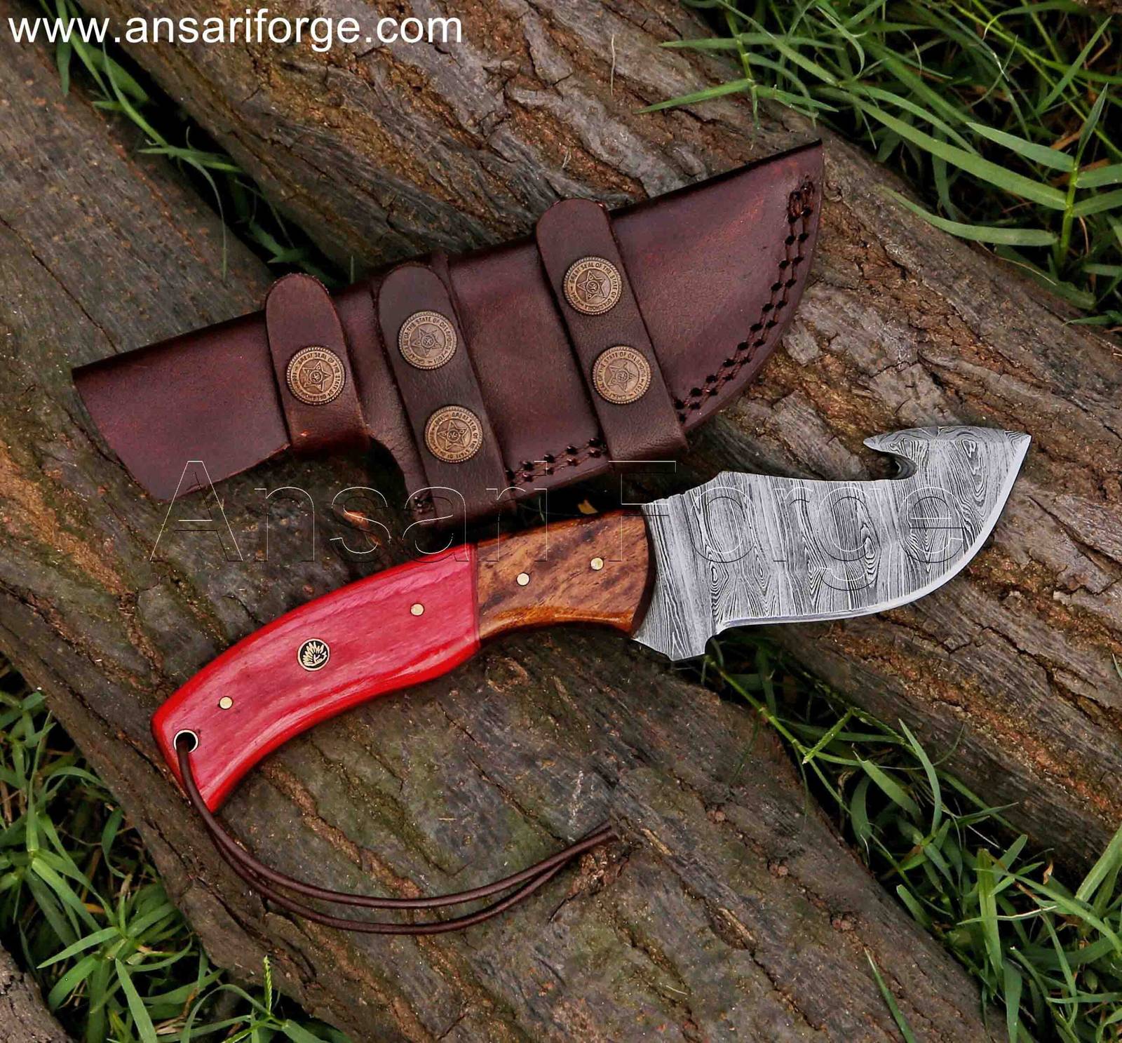 Handmade Damascus Hunting Knife With Gut Hook & Sheath