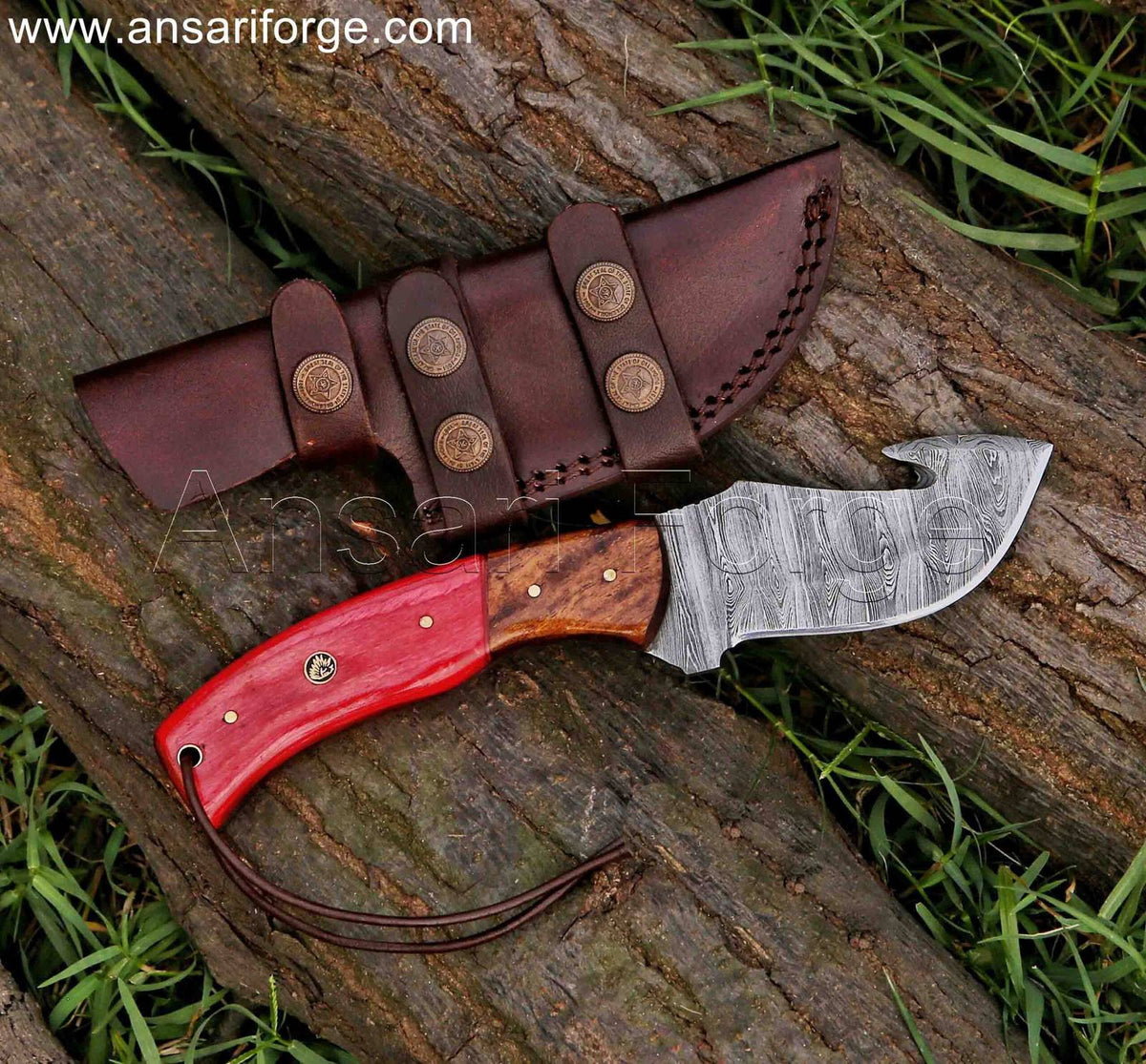 Handmade Damascus Hunting Knife With Gut Hook & Sheath