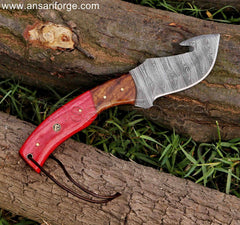 Handcrafted Damascus Gut Hook Knife with beautiful twisted Damascus blade pattern