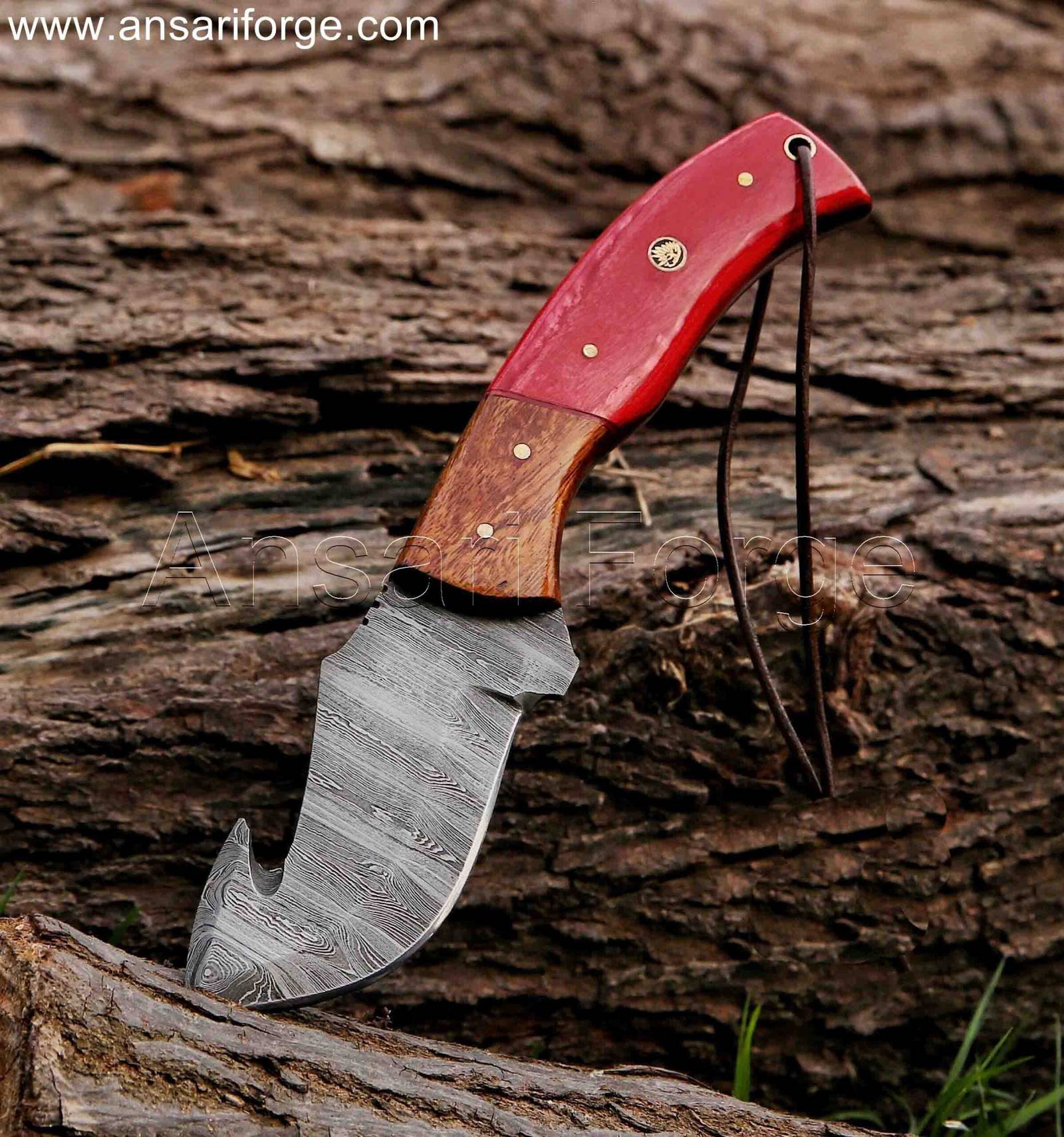 Damascus Gut Hook Knife with scout carry leather sheath for secure and discreet belt carry.