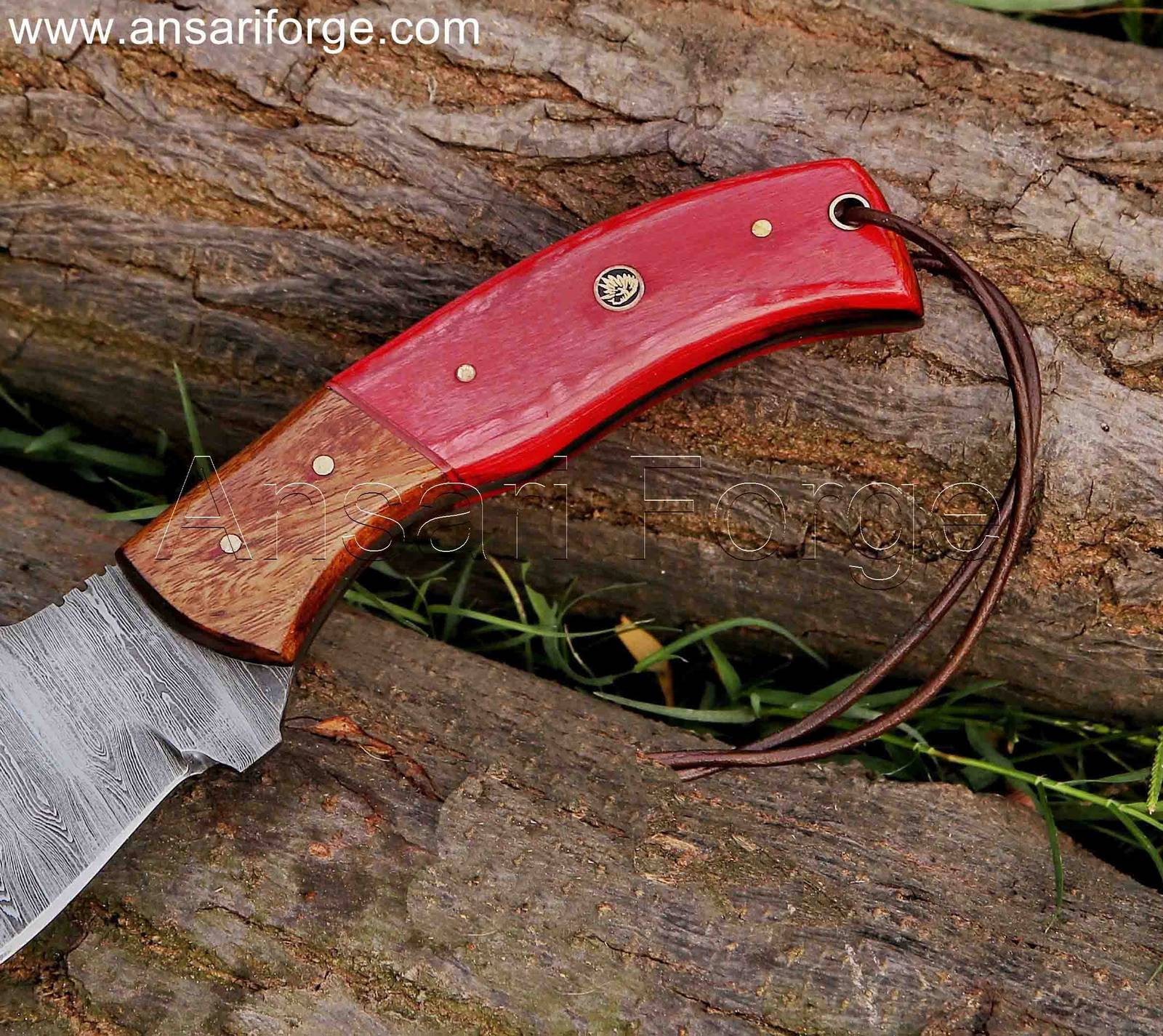 Damascus hunting knife with gut hook , red wood handle