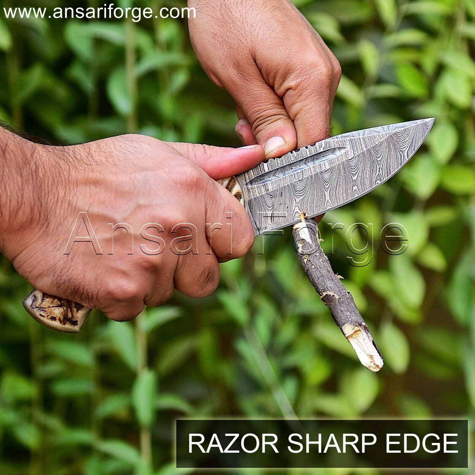 Sharp Edge Handmade Damascus Hunting Knife with Leather Sheath. Fixed blade for versatile use in hunting and field dressing. Ram horn handle for secure grip.