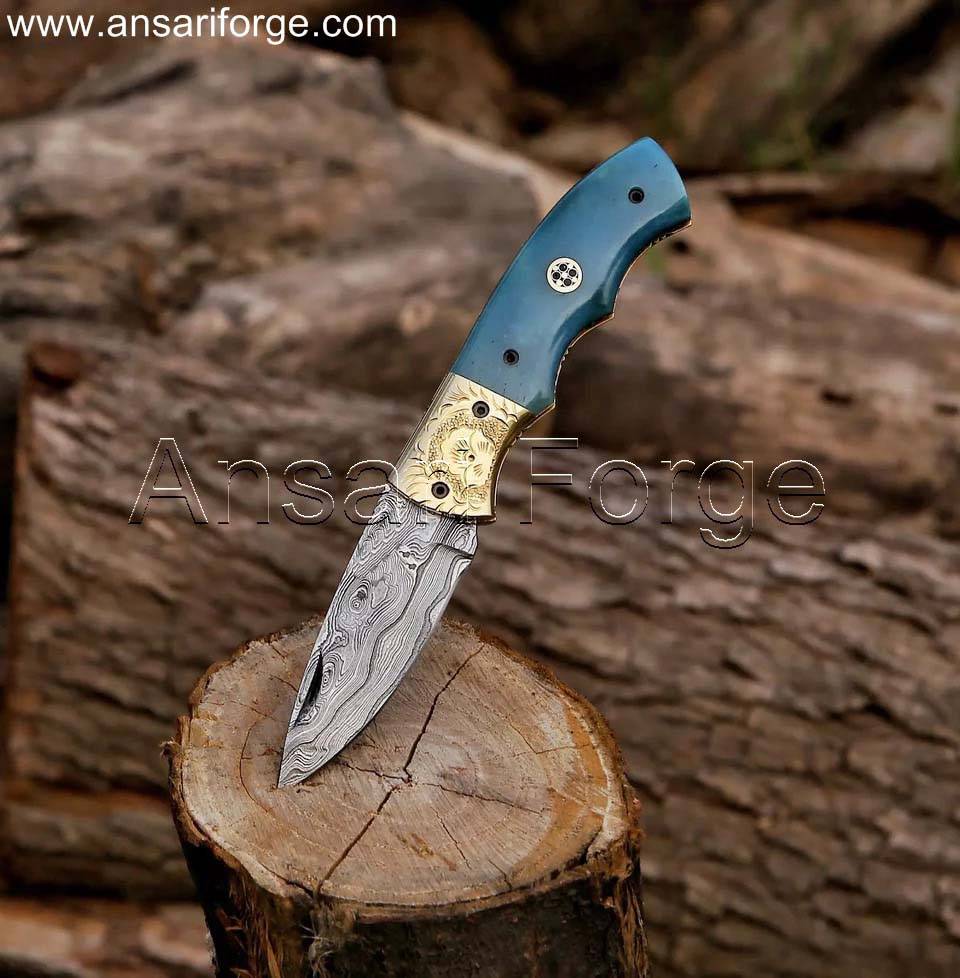 Handmade Pocket Knife , Damascus Steel Folding Blade , Bone Handle , Sharpener & Pouch