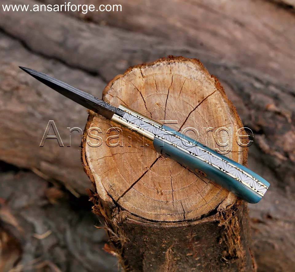 Handmade Pocket Knife , Damascus Steel Folding Blade , Bone Handle , Sharpener & Pouch