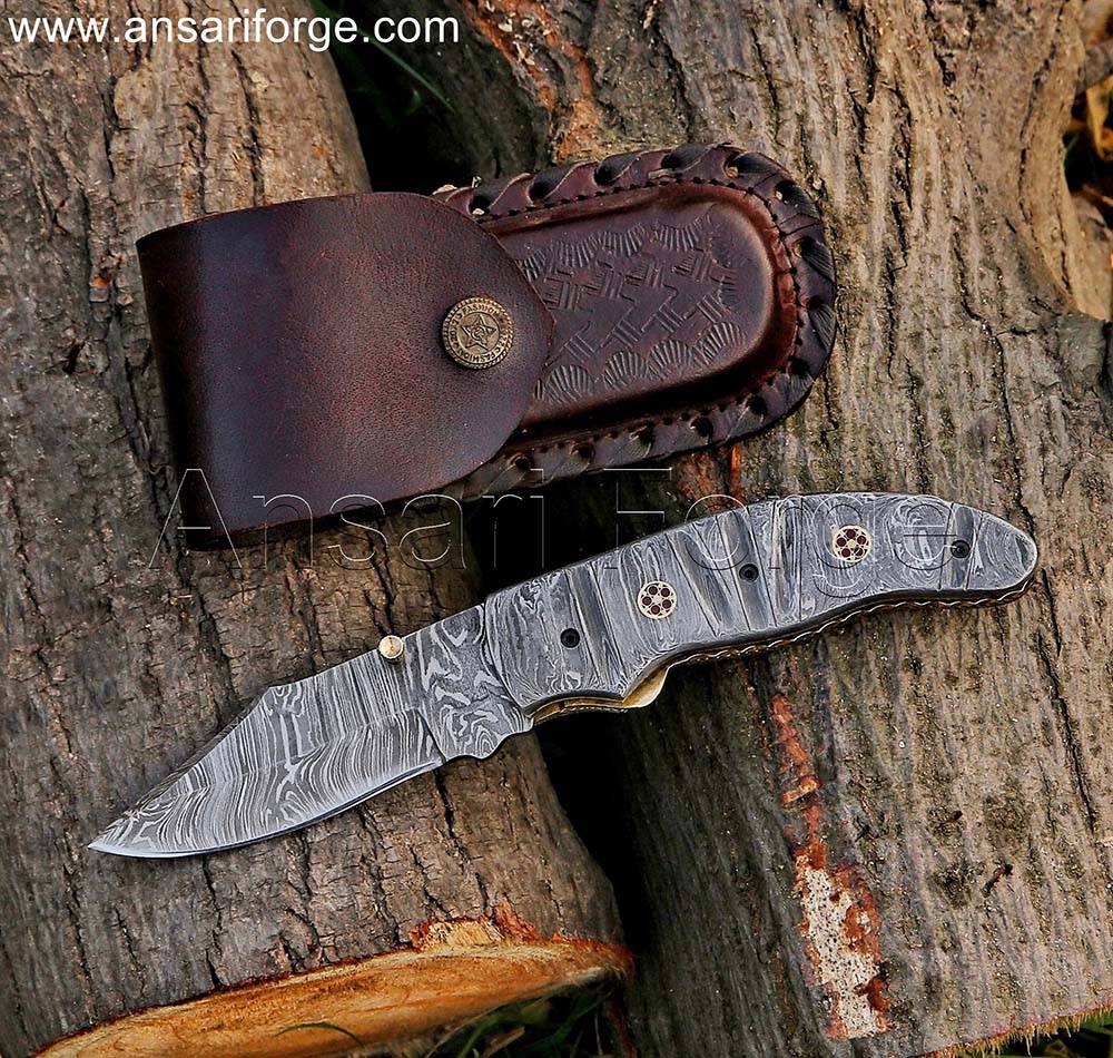Handmade Damascus Pocket Knife with Clip and Sheath - showcasing the knife's overall design and craftsmanship.