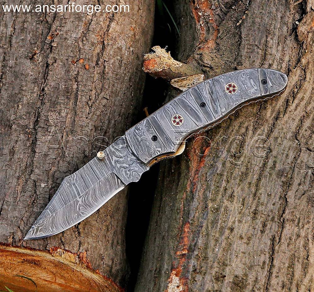 Handmade Damascus Pocket Knife with Clip and Sheath - showcasing the knife's overall design and craftsmanship.