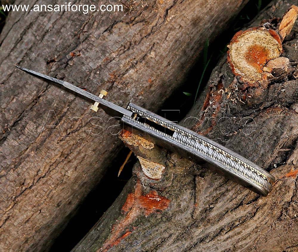 Handmade Damascus Pocket Knife with Clip and Sheath - showcasing the knife's overall design and craftsmanship.