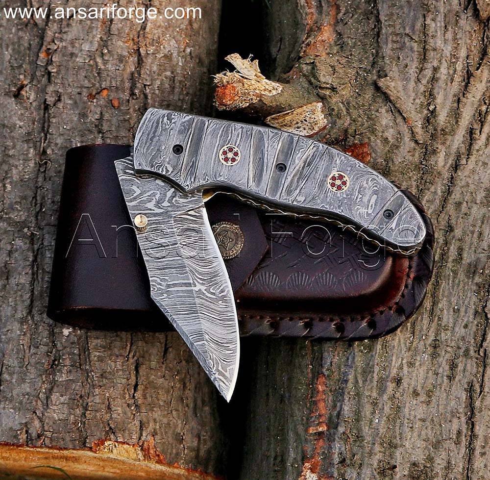 Handmade Damascus Pocket Knife with Clip and Sheath - showcasing the knife's overall design and craftsmanship.