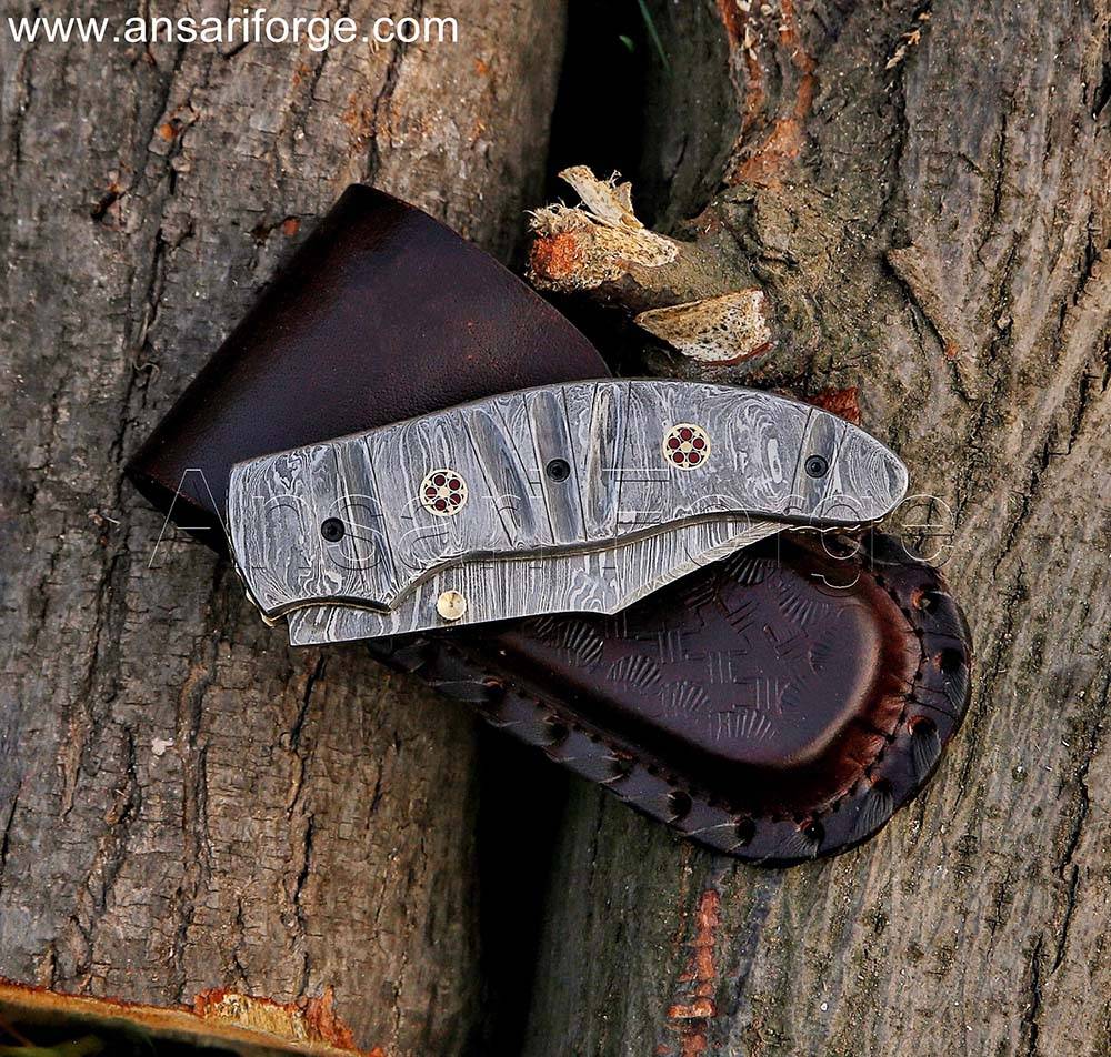Handmade Damascus Pocket Knife with Clip and Sheath - showcasing the knife's overall design and craftsmanship.