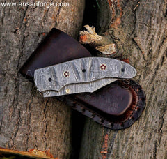Handmade Damascus Pocket Knife with Clip and Sheath - showcasing the knife's overall design and craftsmanship.